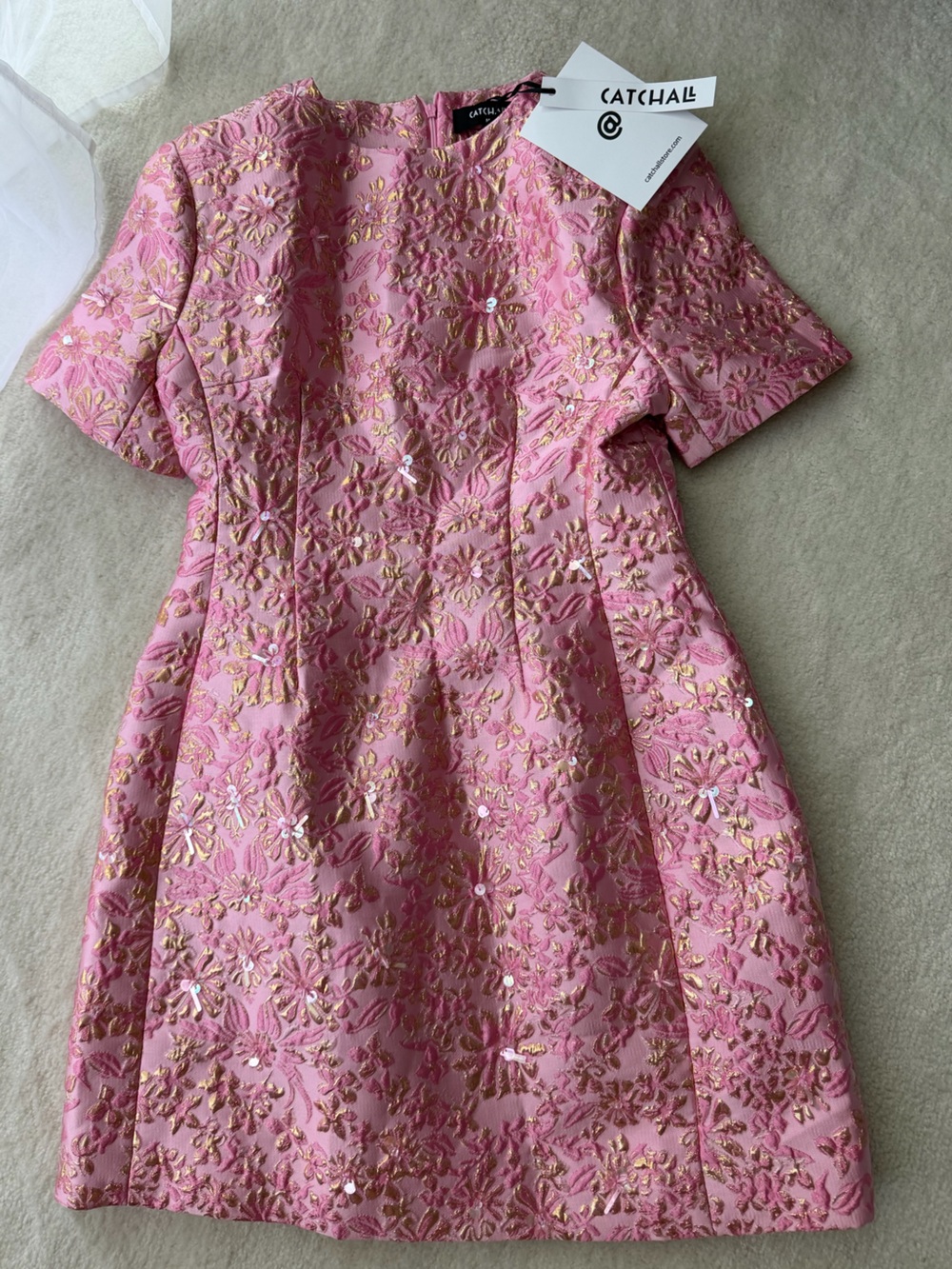 Catchall Beads Embroidered Pink Floral Jacquard Dress